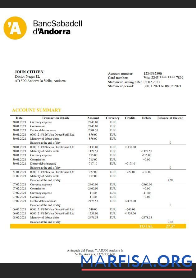Realistic Andorra BancSabadell d'Andorra bank statement sample